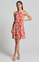 Vicki Mini Dress - Halter Neck A Line Dress in Red Leaf Print