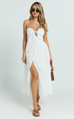 Lucienne Midi Dress - Ruched Button Up Front Dress in White