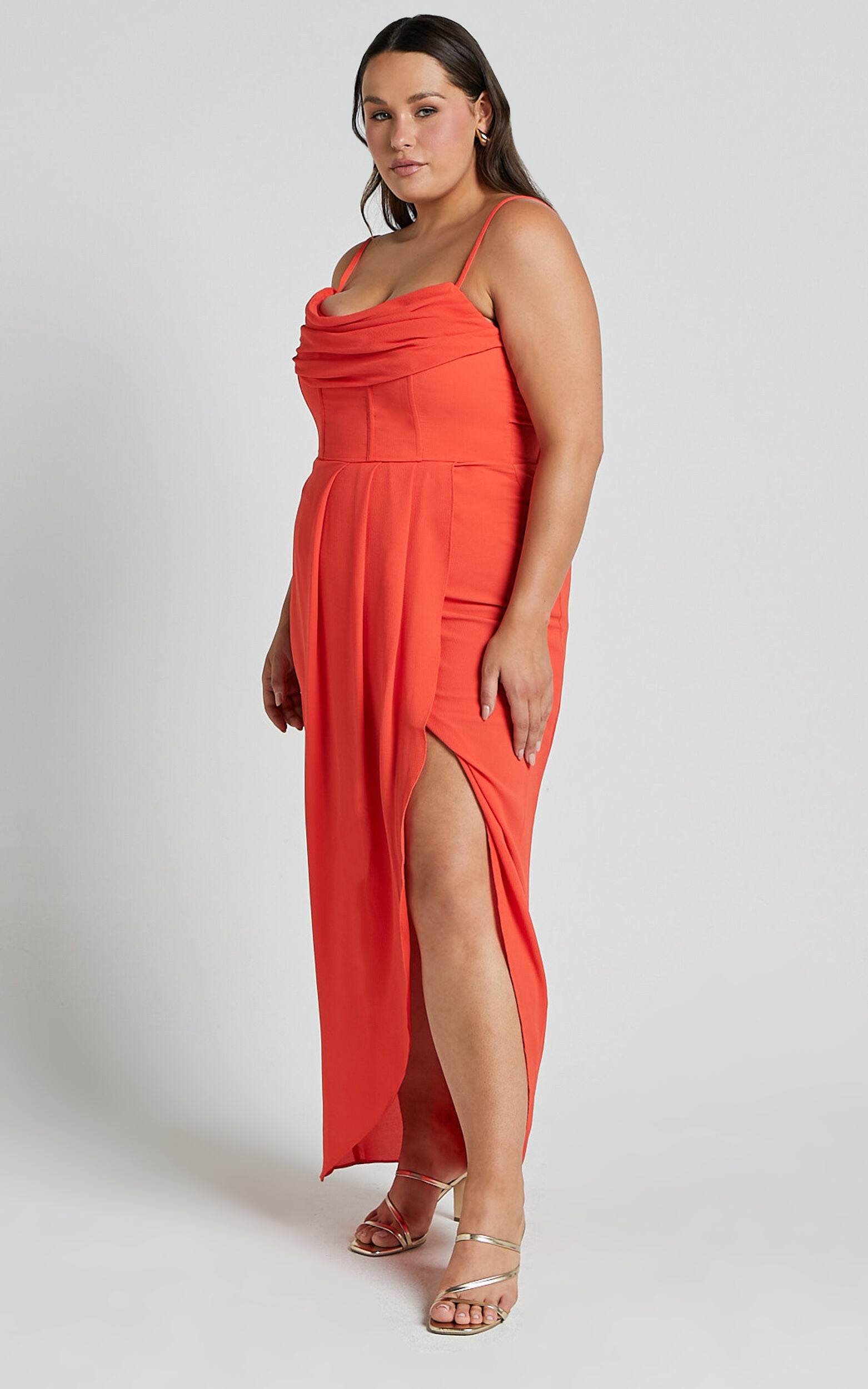 Andrina Midi Dress - High Low Wrap Corset Dress in Orange