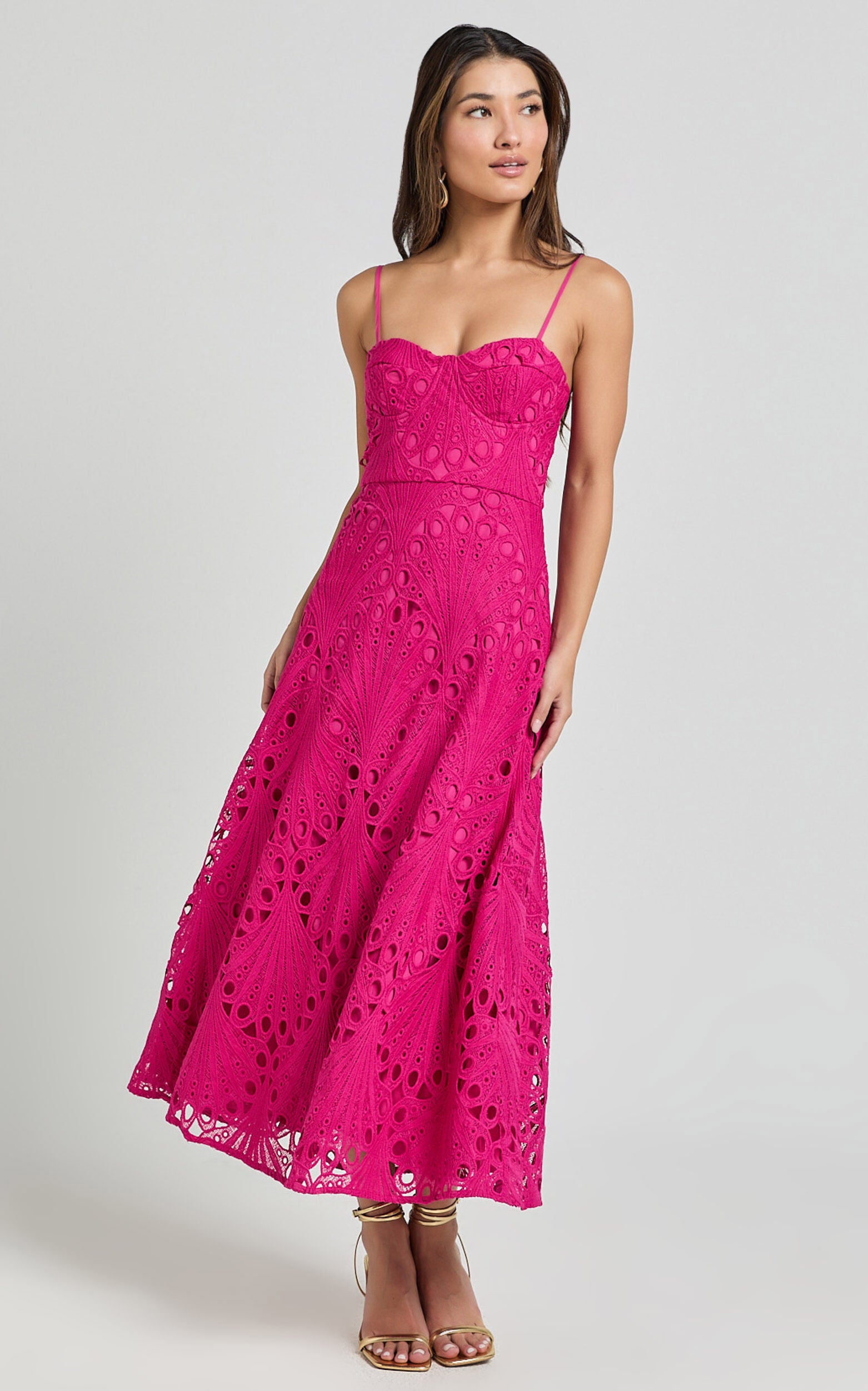Nikka Midi Dress - Sweetheart Bustier Lace Dress in Pink