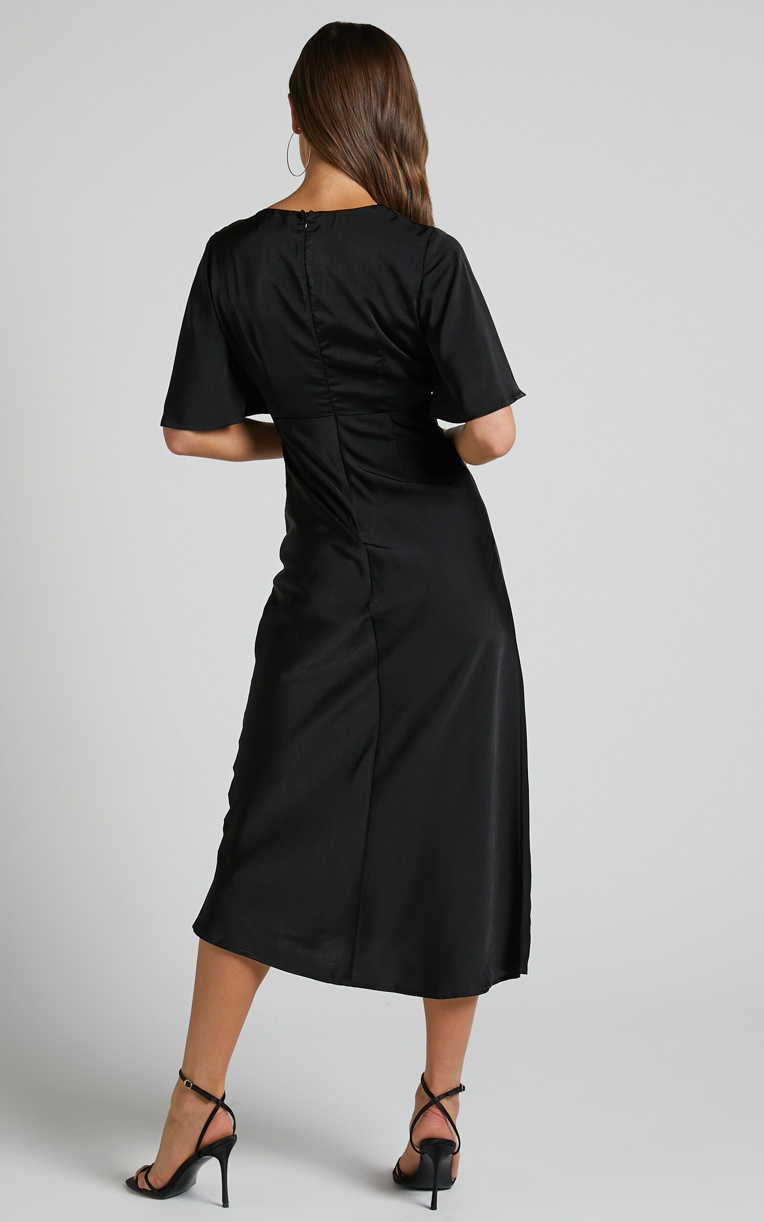 Nicholla Midi Dress - Ruched Front Angel Sleeve Slip Dress in Black