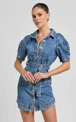 Cannes Mini Dress - Button Through Belted Recycled Denim Dress in Mid Blue Wash