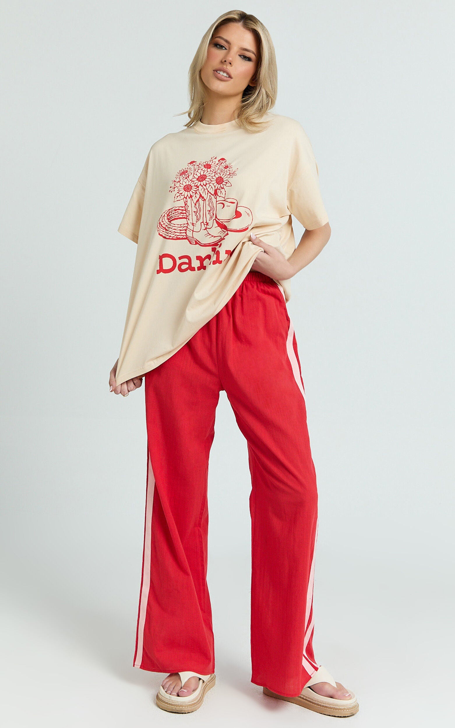 Alena Top - Oversized Darlin Print Tee in Beige