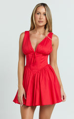 Madeline Mini Dress - V Neck Corset Waist Gathered Full Skirt Dress in Red