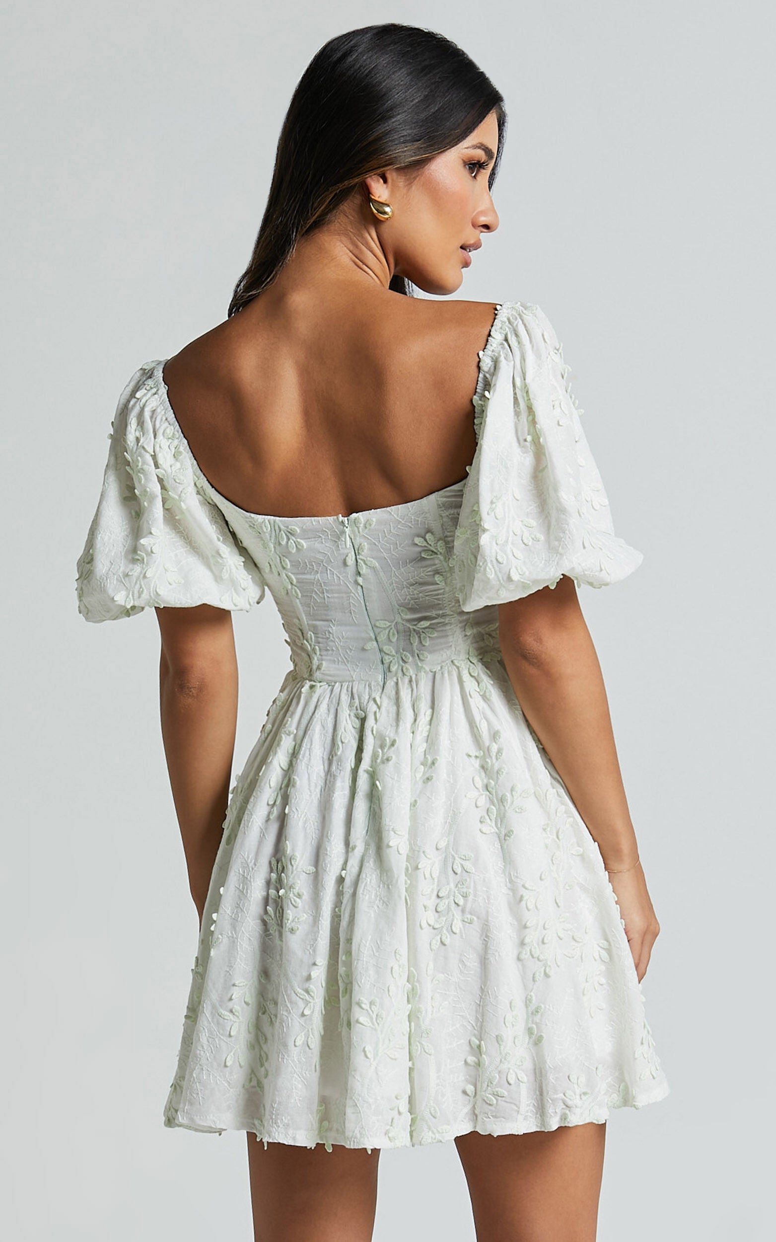 Esthela Mini Dress - Embroidered Square Neck Short Puff Sleeve Corset in Pale Mint