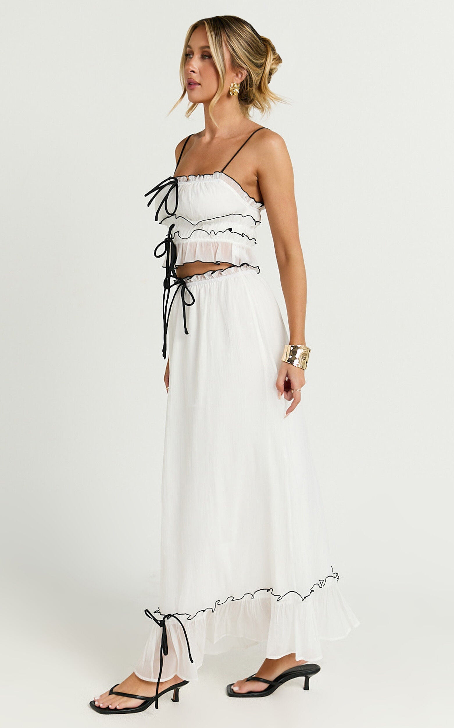 Jaden Maxi Skirt - Gathered Contrast Tie Detail Skirt in Cream