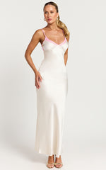 Chona Maxi Dress - Backless V Neck Slip Dress in White/Pink