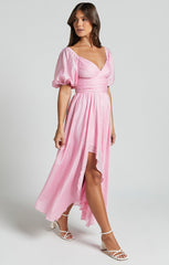 Dorothea Midi Dress - V Neck Puff Sleeve Ruched Bust in Pink