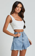 Renee Shorts - High Waisted Frayed Hem Denim Shorts in Light Blue Wash