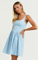 Rhaziya Mini Dress - Sleeveless Straight Neck Fit and Flare Dress in Blue