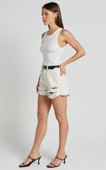 Mindae Shorts - Recycled Cotton Ripped Denim Shorts in Ecru