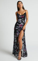 Aletta Maxi Dress - Cowl Cross Back Dress in Purple Haze Burnt Out Floral