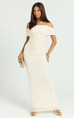 Caterina Maxi - Ruched Off Shoulder Mesh Dress in Off White