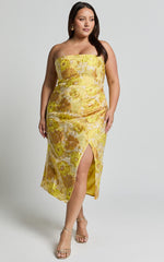 Brailey Midi Dress - Thigh Split Strapless Dress in Yellow Jacquard