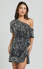 Katrine Mini Dress - Off Shoulder Shift Sequin Dress in Black