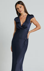 Marleen Midi Dress - Wrap Front Cap Sleeve Satin Bias Cut Dress in Midnight Blue
