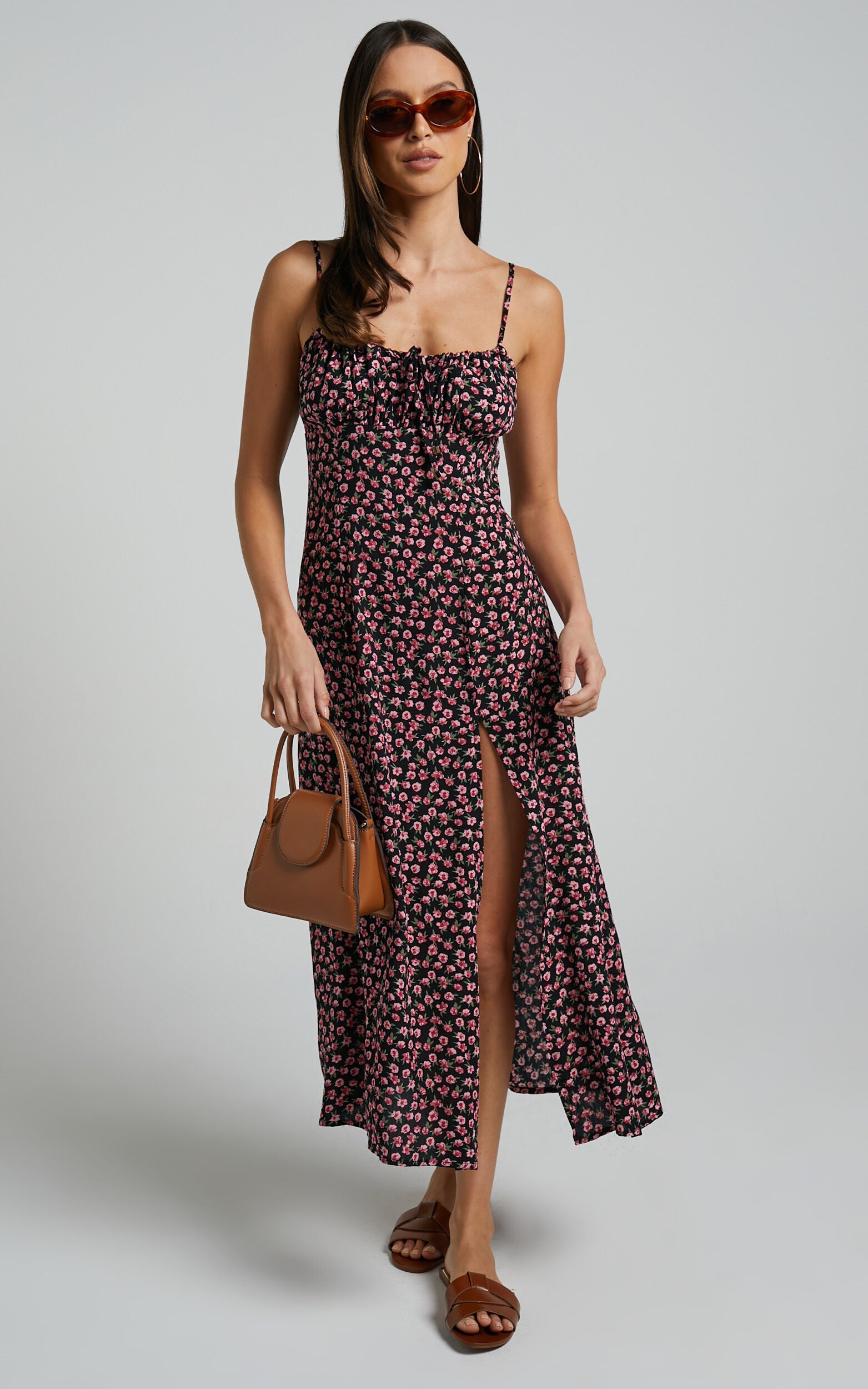 Willa Midi Dress - Ruched Bust Thigh Split Dress in Black Floral