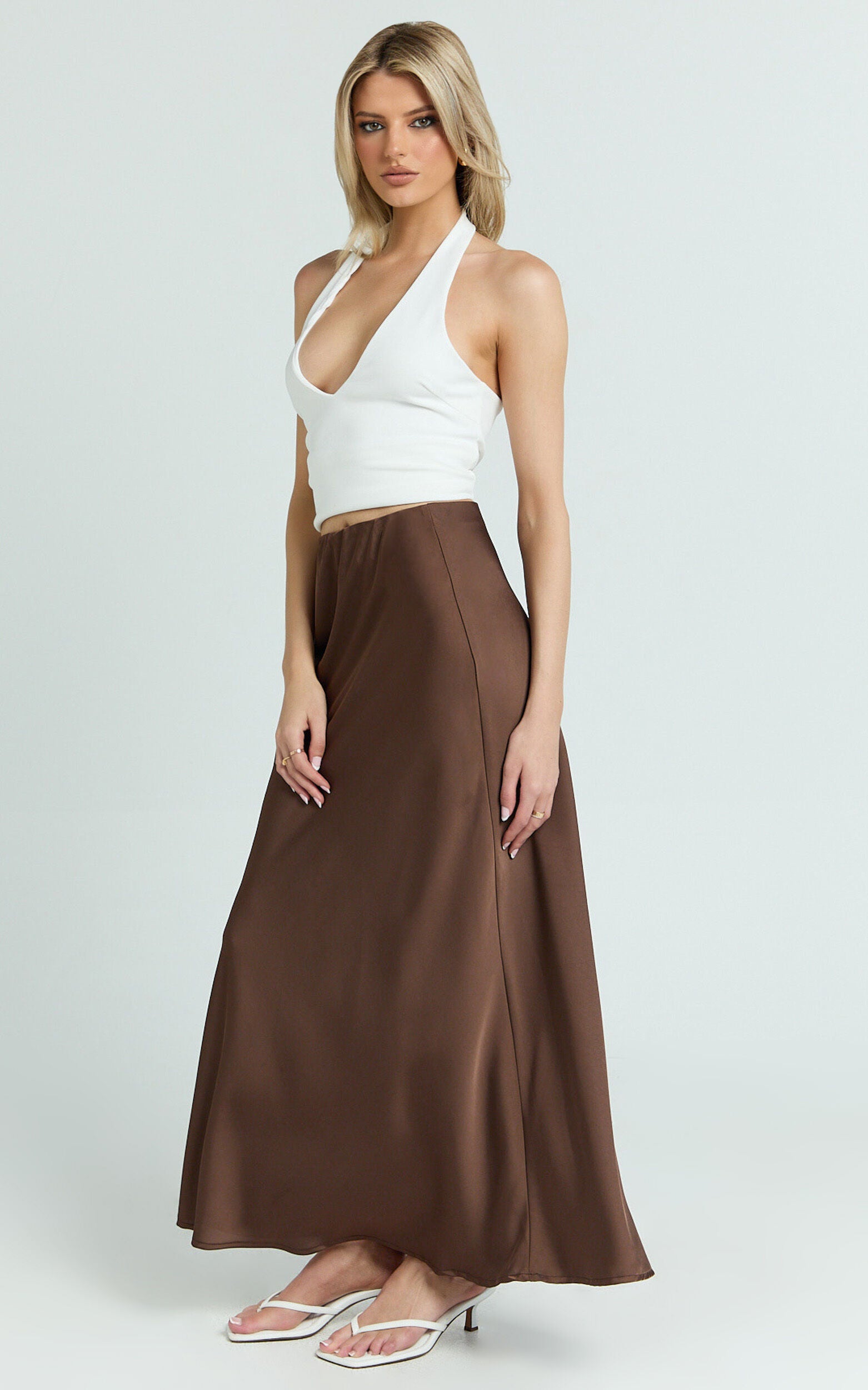 Amari Maxi Skirt - High Waisted Bias Cut Skirt in Chocolate