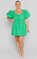 Vashti Mini Dress - Puff Sleeve Sweetheart Dress in Green