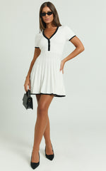 Vivienne Mini Dress - Short Sleeve Pleated Skirt Knitted Dress in Cream