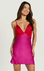 Quincy Mini Dress - Contrast Panel Satin Slip Dress in Red/Pink