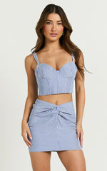 Sandra Mini Skirt - Twist Front Stripe Mini Skirt in Mid Blue Stripe