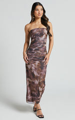 Yazmin Midi Dress - Strapless Ruched Mesh Slip Dress in Rustic Haze Print