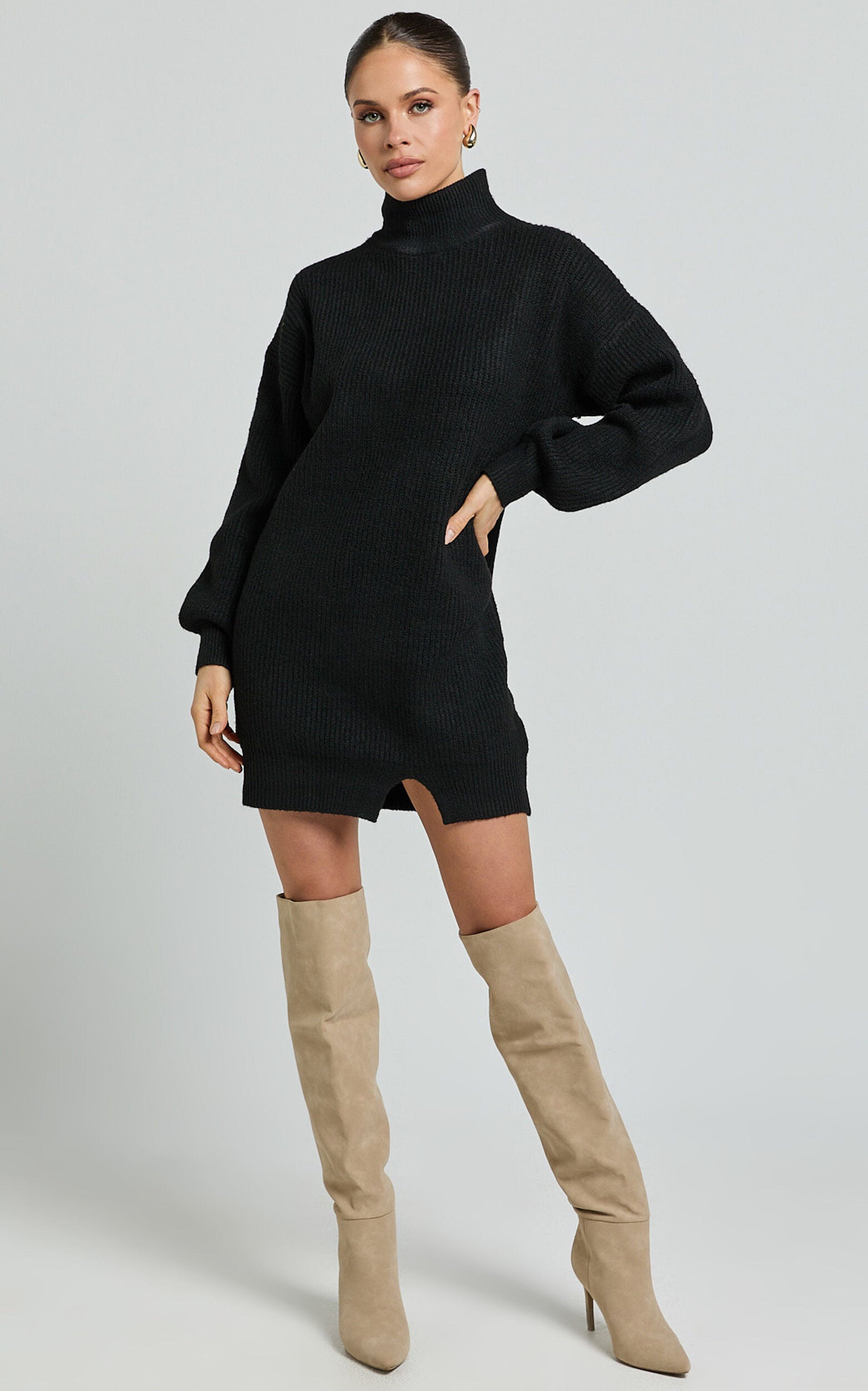 Tianna Mini Dress - Knitted Side Split Jumper Dress in Black