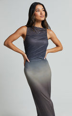 Tassa Midi Dress - High Neck Slip Mesh Ombre Dress in Stormy Ombre