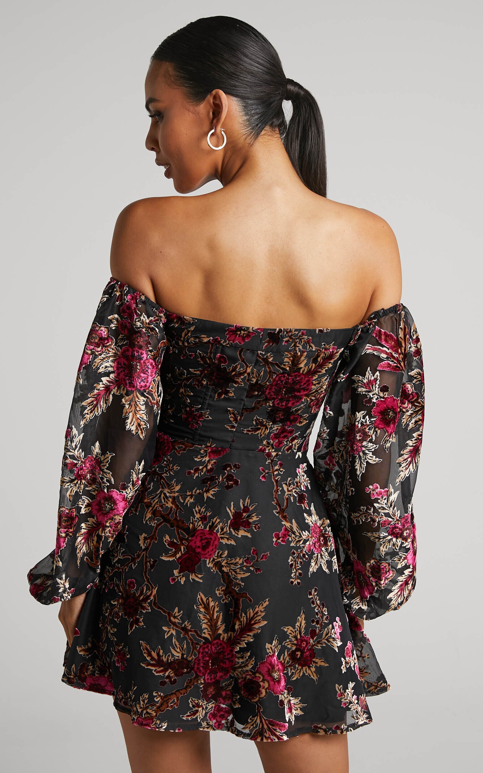 Jessell Mini Dress - Long Sleeve Cowl Corset Dress in Black Floral