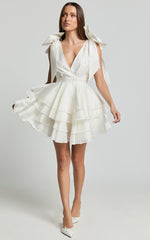 Roxanne Mini Dress - Shoulder Tie Plunge Ruffle Dress in White