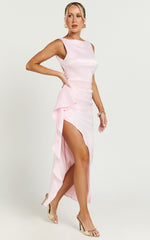 Rexa Midi Dress - Open Back Satin Midi Dress with Ruffle Detail in Pink