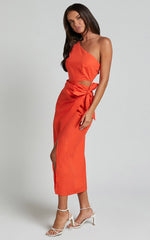 Rina Midi Dress - One Shoulder Side Cut Out Wrap Dress in Orange
