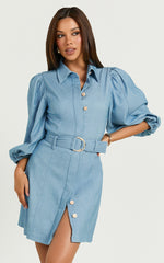 Aubrie Mini Dress - Blouson Sleeve Button Through Belted Dress in Light Blue