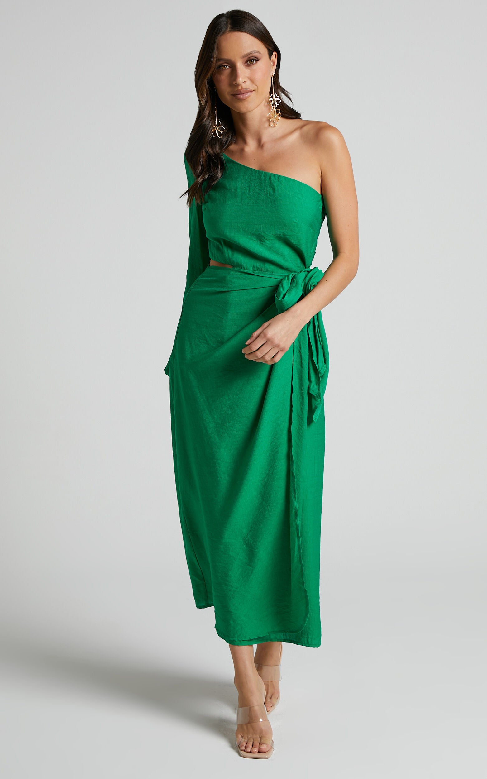 Savannah Midi Dress - One Shoulder Long Sleeve Cut Out Wrap Skirt in Green
