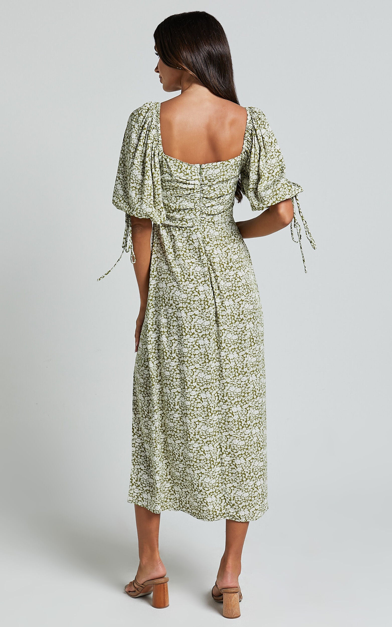 Rosario Midi Dress - Ruched Bust Puff Sleeve Dress in Olive Floral