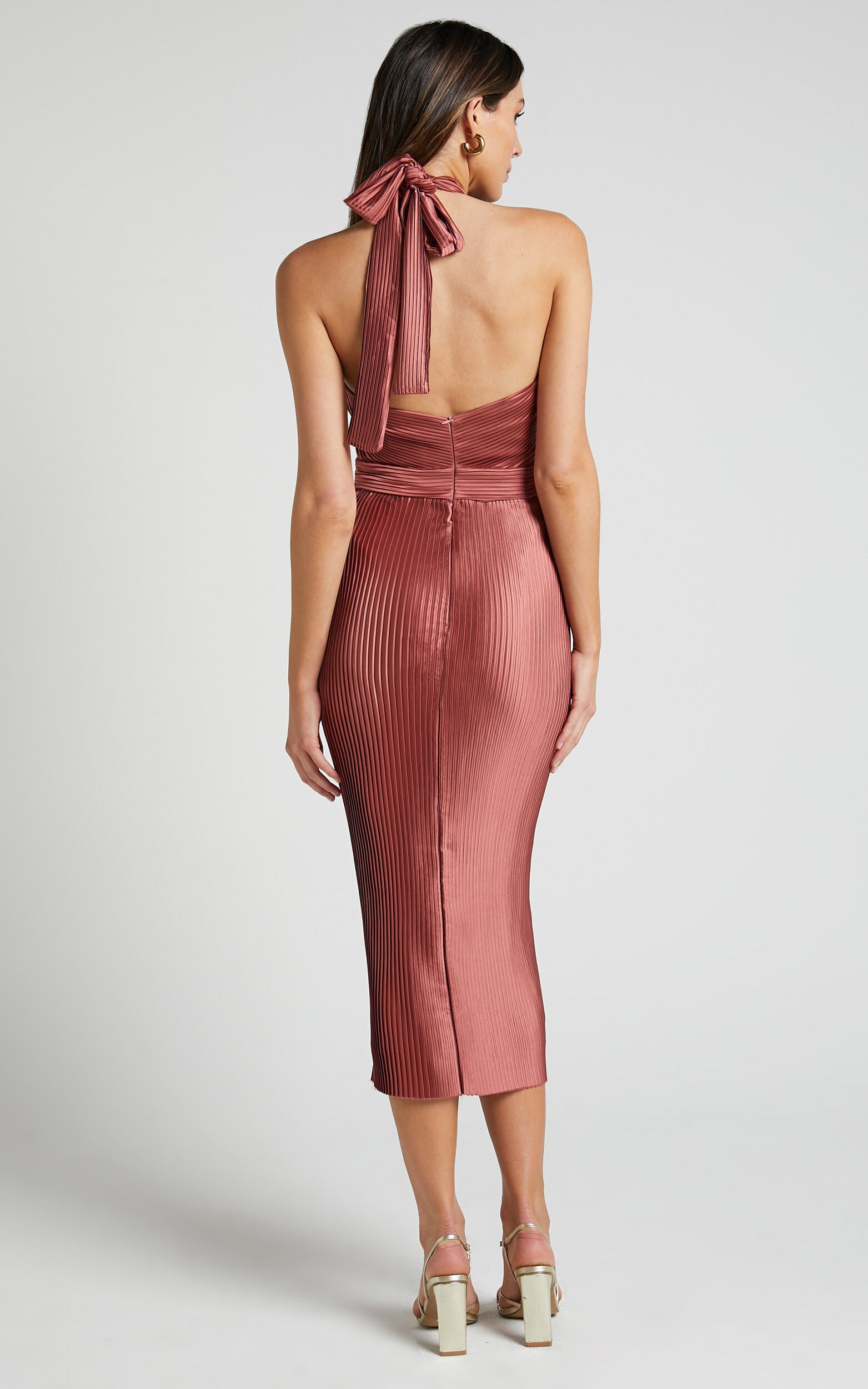Marlette Midi Dress - Pleated Open Back Halter Dress in Rust