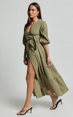 Penelope Wrap Front Puff Sleeve Midi Dress in Olive