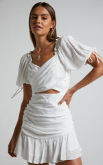 Emileen Mini Dress - Cross Front Cut Out Puff Sleeve Dress in White