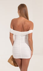 Gold Foil Mesh Off The Shoulder Dress in White