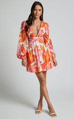 Ally Mini Dress - Plunge Neck Long Sleeve A Line Dress in Print