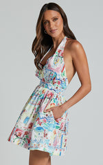 Duncan Mini Dress - Halter Neck Empire Waist Dress in Vacay Print