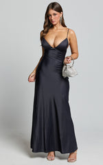 Cariela Midi Dress - Plunge Neck Satin Dress in Navy