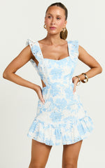 Anisha Mini Dress - Flutter Sleeve Straight Neck With Tie Back Dress in Blue Floral Print