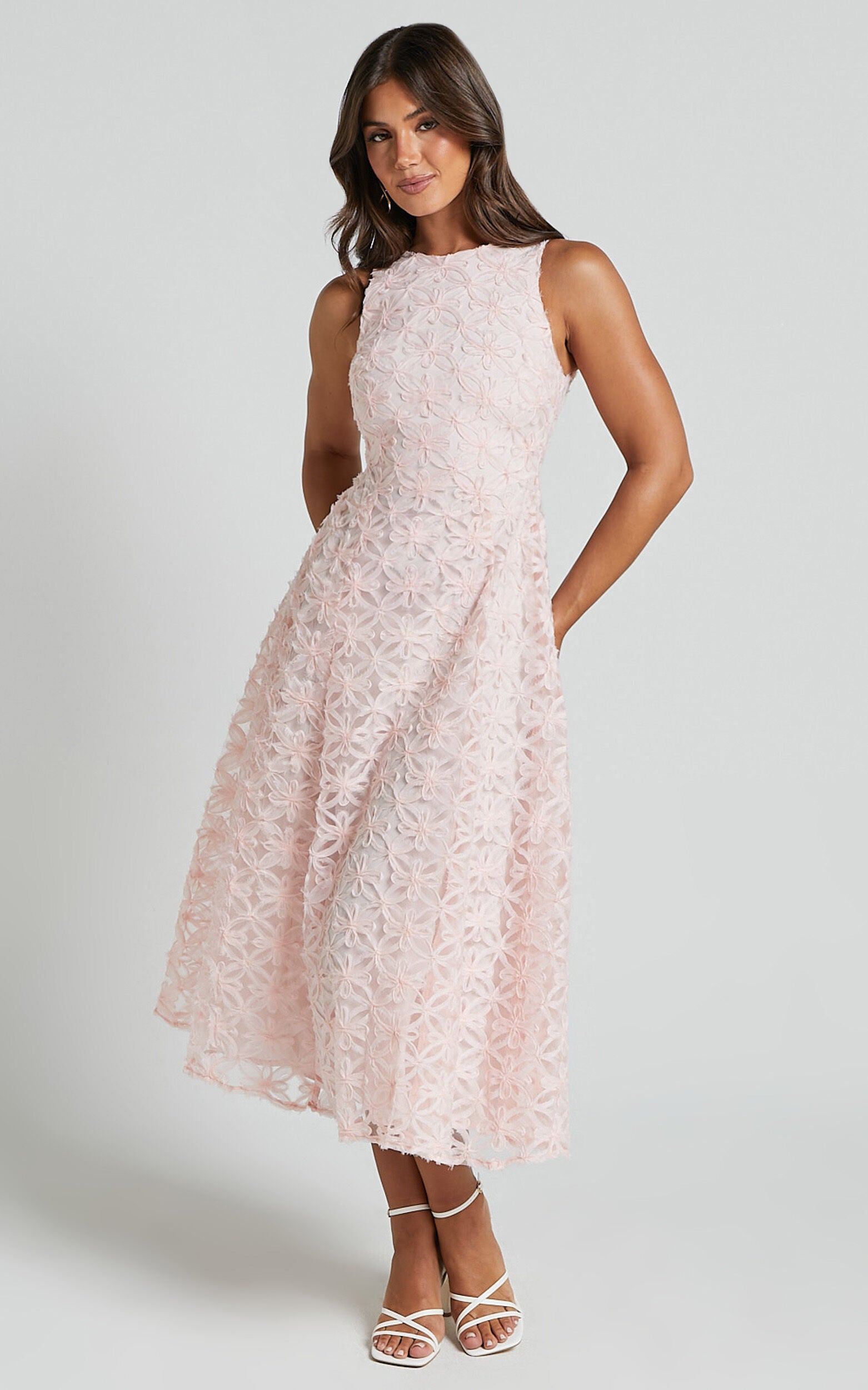 Georgina Midi Dress - Crew Neck Sleeveless A Line Dress in Blush Pink