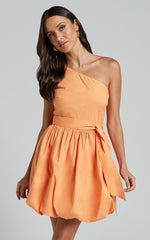 Jovette Mini Dress - One Shoulder Tie Waist Bubble Hem Dress in Apricot