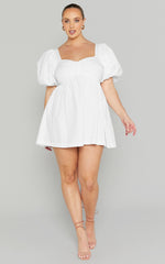 Vashti Mini Dress - Puff Sleeve Sweetheart Dress in Off White