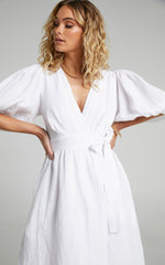Amalie The Label - Franc Linen Puff Sleeve Wrap Midi Linen Dress in White