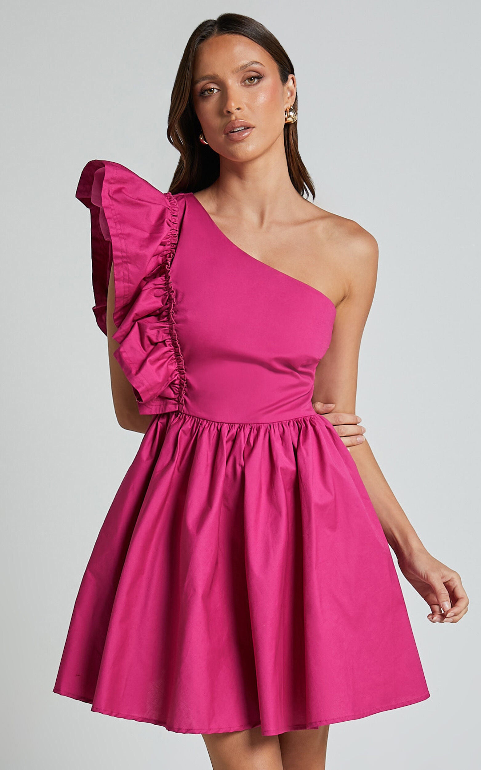Brodie Mini Dress - One Shoulder Frill Dress in Raspberry