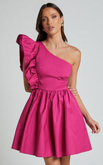 Brodie Mini Dress - One Shoulder Frill Dress in Raspberry